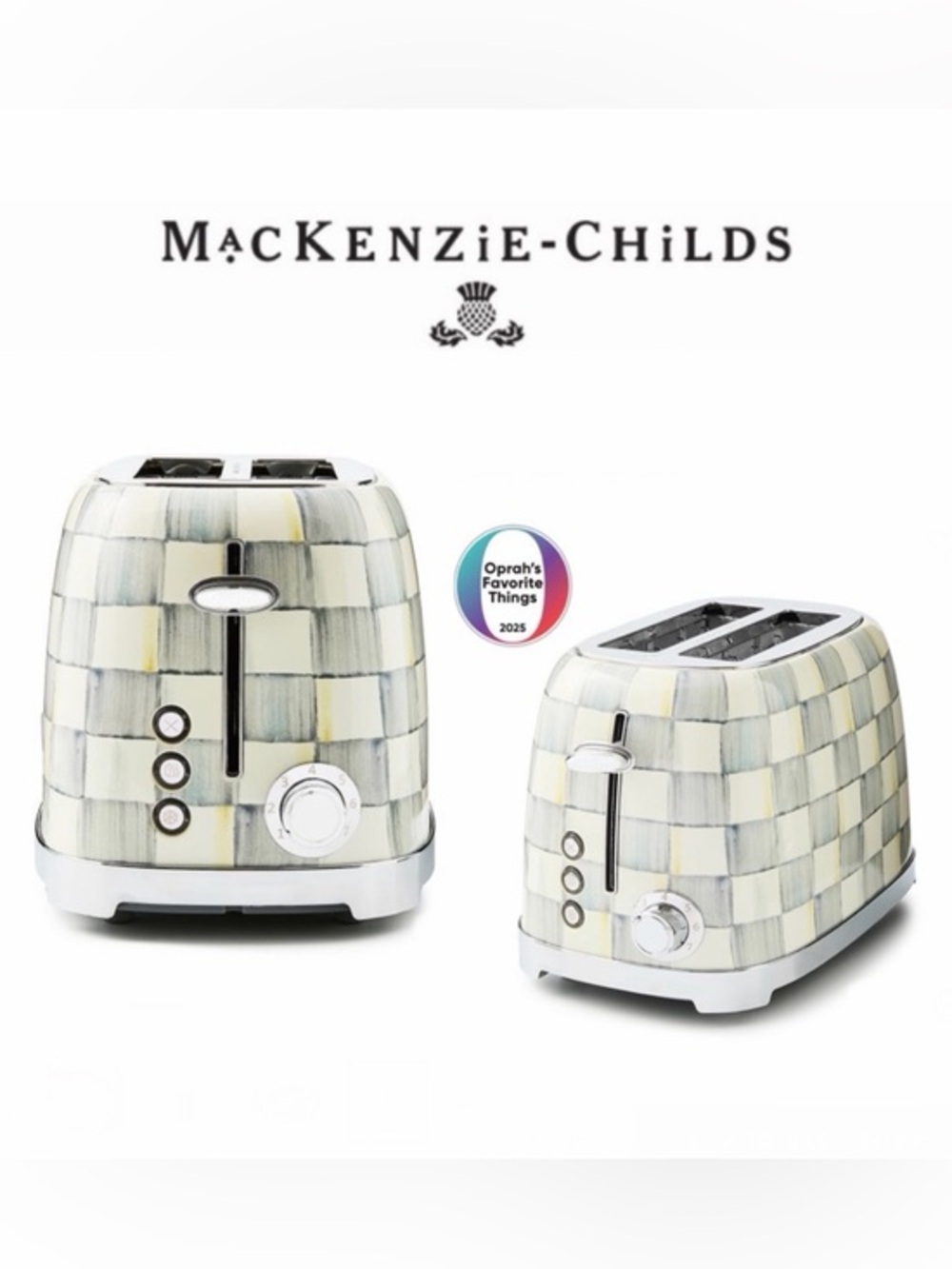 MacKenzie-Childs Sterling Check 2-Slice Toaster Checker in Cream, Gray NWT $180